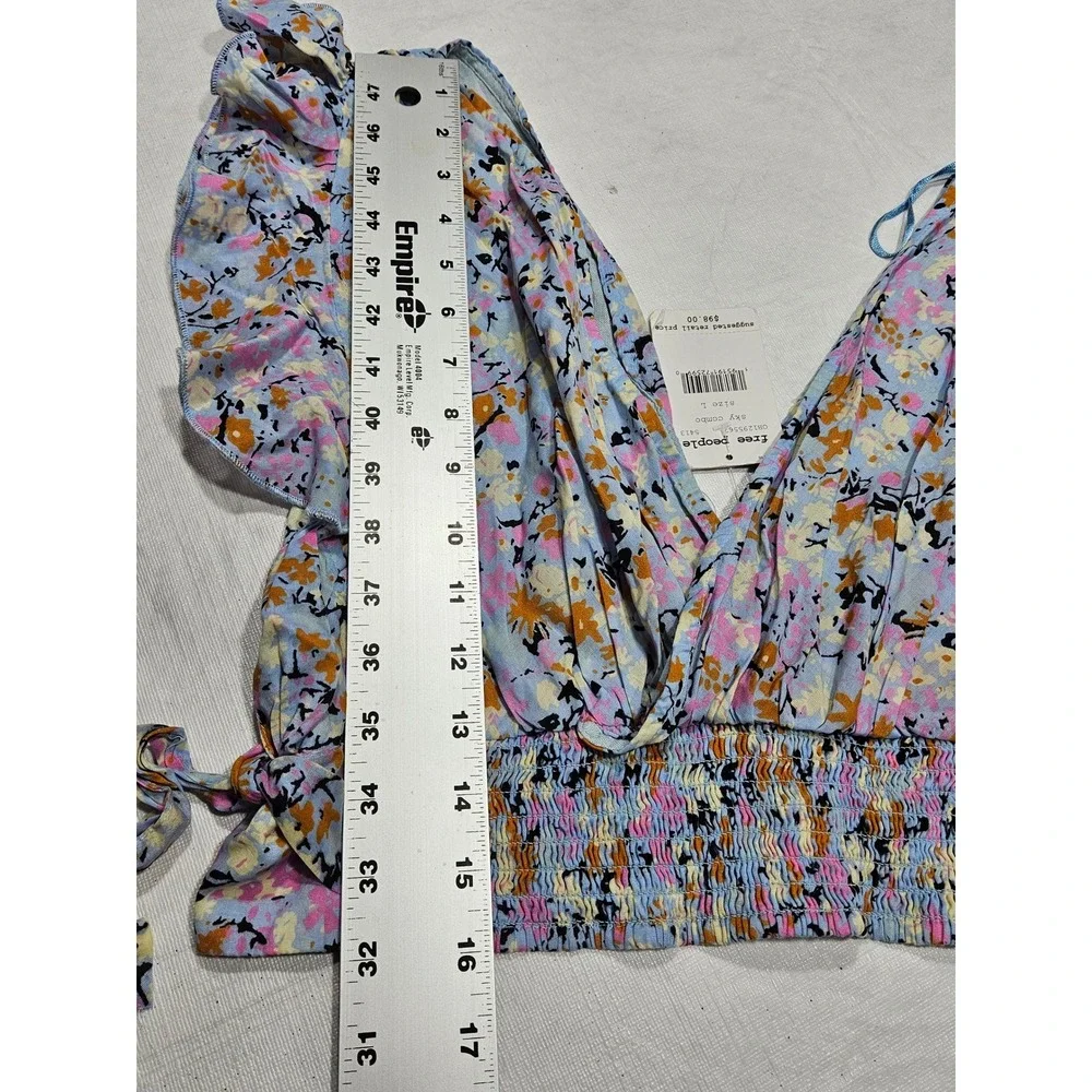 Free People Sky Combo Floral Ruffle V-Neck Smocked Crop Top OB1295567‎ Large NEW